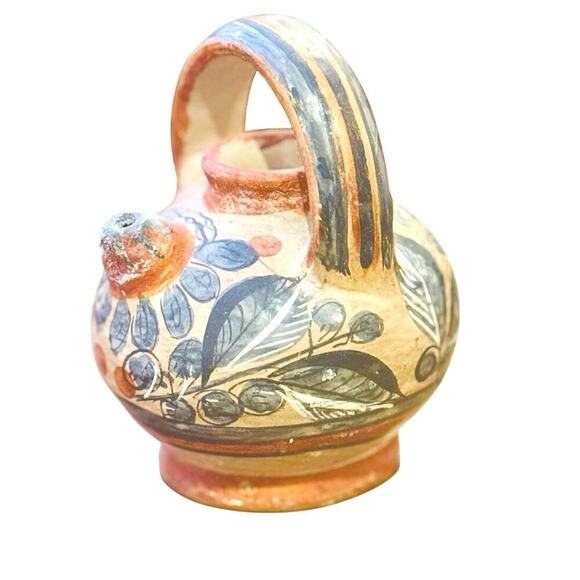 Vintage Tonalá Mexican Pottery Jug Hand-Painted Floral Folk Art - Picture 1 of 4